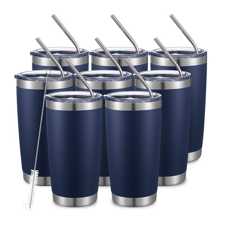 COMOOO 20oz/8Pack Double Wall Vacuum Insulated Coffee Travel Mug Stainless Steel Tumbler Bulk with Lid and Straw Durable Powder Coated Insulated Coffee Cup for Cold & Hot Drinks, Navy, 8 Pack - Image 1